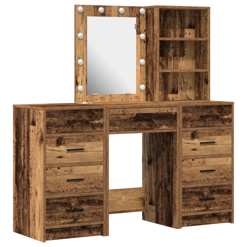Set Tavolo Trucco 3 Pezzi con LED Legno Antico
