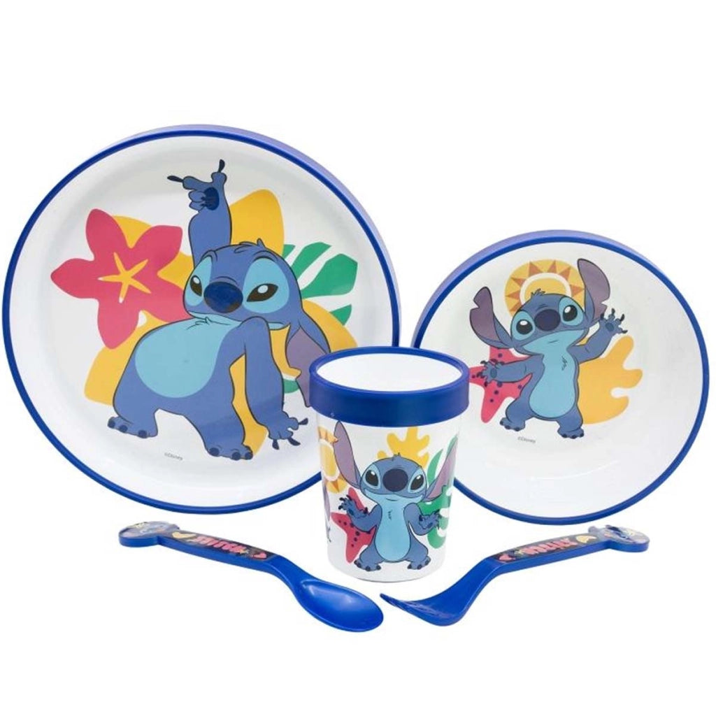Set 5 Pezzi Stoviglie Stitch per Bambini Antiscivolo e Microondabili Bianco / Blu Disney