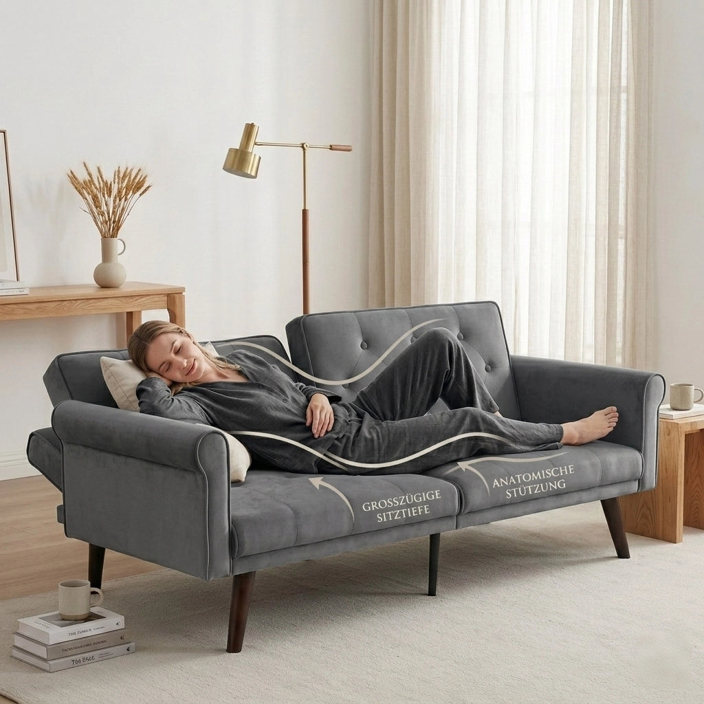 Divano letto 2 posti con schienali regolabili separatamente in 5 posizioni, velluto grigio 172 × 89 × 70 cm