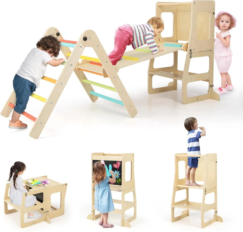 7 in 1 Set da Arrampicata per Bambini, Giocattoli da Arrampicata Pieghevole con Rampa Reversibile Sgabello Convertibile Tavolo e Sedia Lavagna, 3-14 Anni (Colorato)