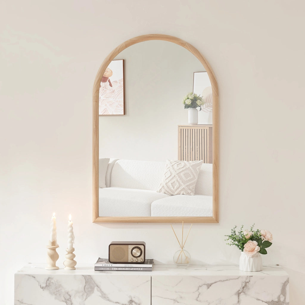 Specchio da Parete Podena con Cornice Arcuato 90x60 cm Legno Naturale [en.casa]