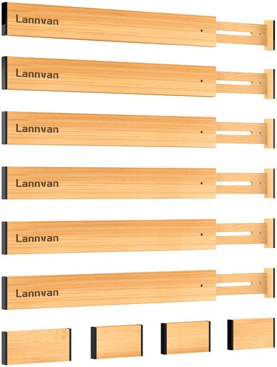 Verdelatori di carico regolabili, set di 6 verdelatori di carico in bambù naturale, organizzatore di carico - molla, sistema di separazione di carico per cucina, comodino, abbigliamento, bagno, 42,8-56,3 cm, naturale