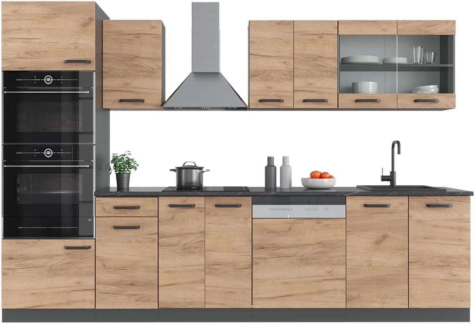 Cucina componibile R-Line, Quercia dorata, 300 cm con armadio alto, senza piano di lavoro, adatto per combinazioni ed espansioni personalizzate