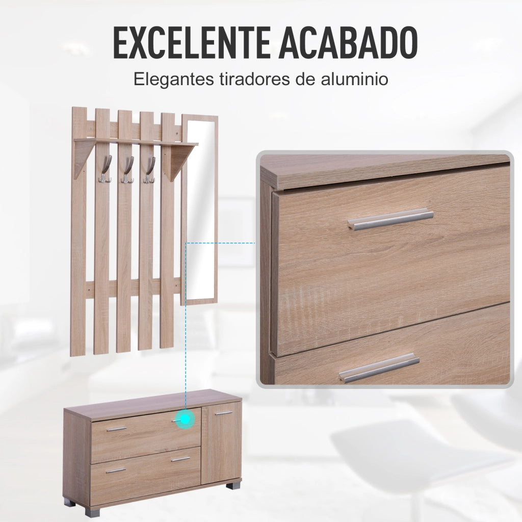 Set Ingresso con Specchio Appendiabiti Scarpiera 3 Ganci Ripiani e 2 Cassetti ¨C Zephmum ¨C Rovere