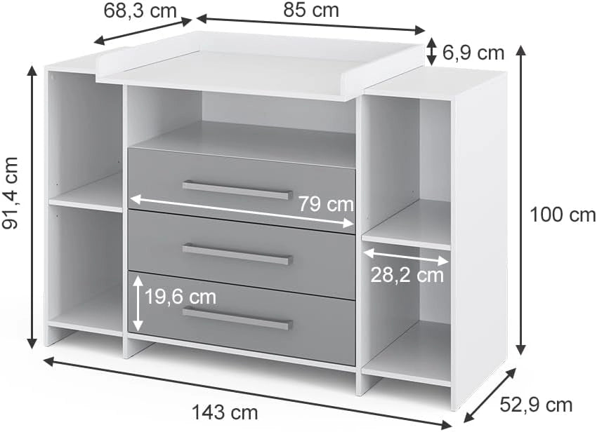 Fasciatoio Oskar, Bianco/Grigio, 143 x 100 cm XL con cassetti, adatto come fasciatoio con area di appoggio estensibile