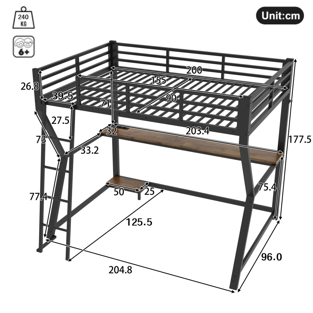 Letto a soppalco 90x200 cm con scrivania, LED, presa USB e scala