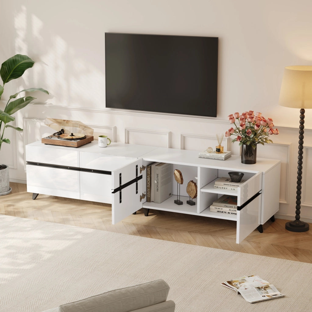 Mobile porta TV con 4 ante e ripiani regolabili finitura lucida per soggiorno in MDF bianco 180 × 40 × 49 cm