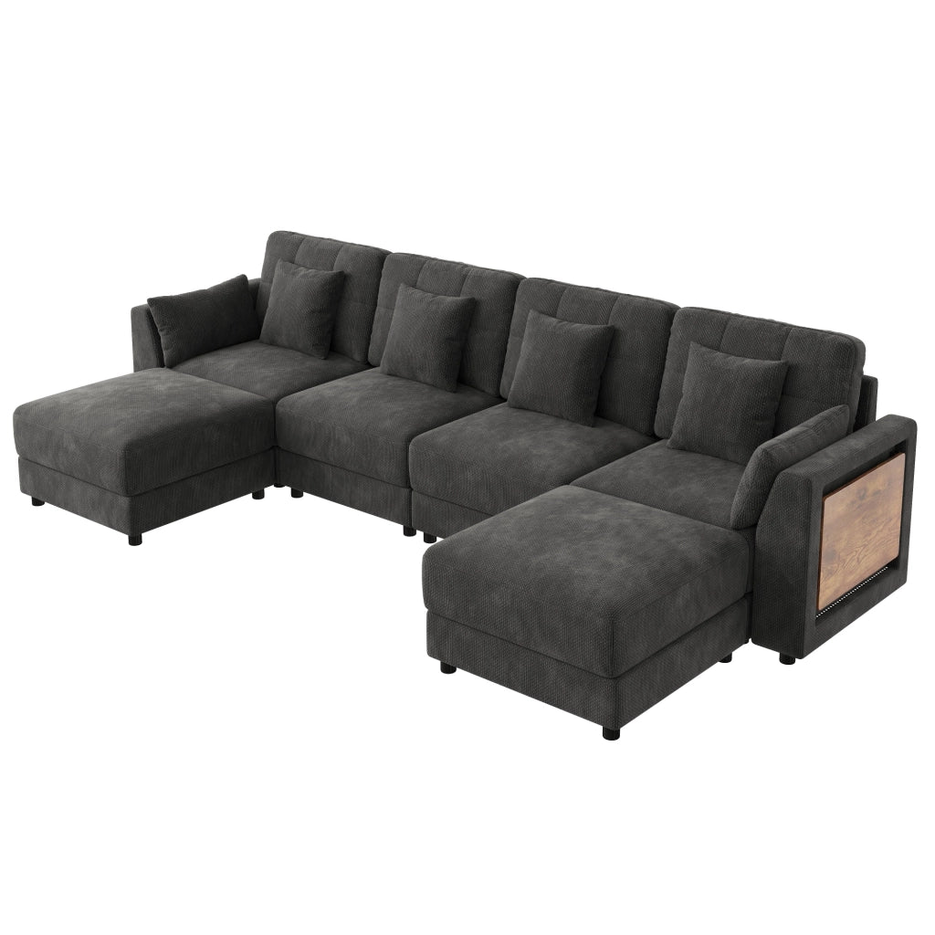 Divano modulare angolare U e L con tavolino ribaltabile e LED - in chenille grigio