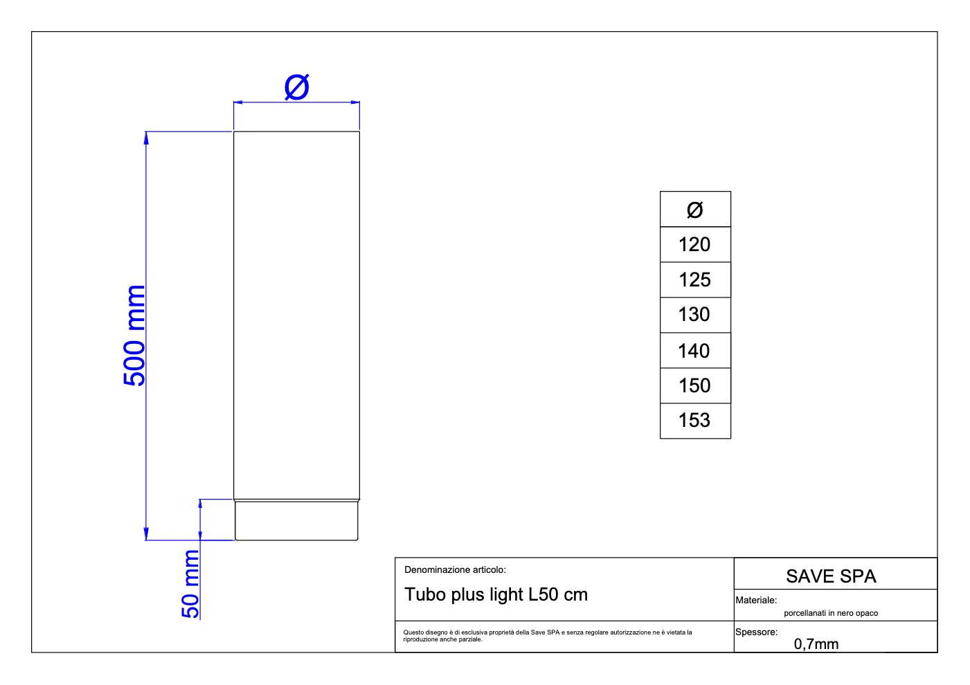TUBO PER STUFA A LEGNA 'PLUS LIGHT' Ø 150x500 mm - SAVE