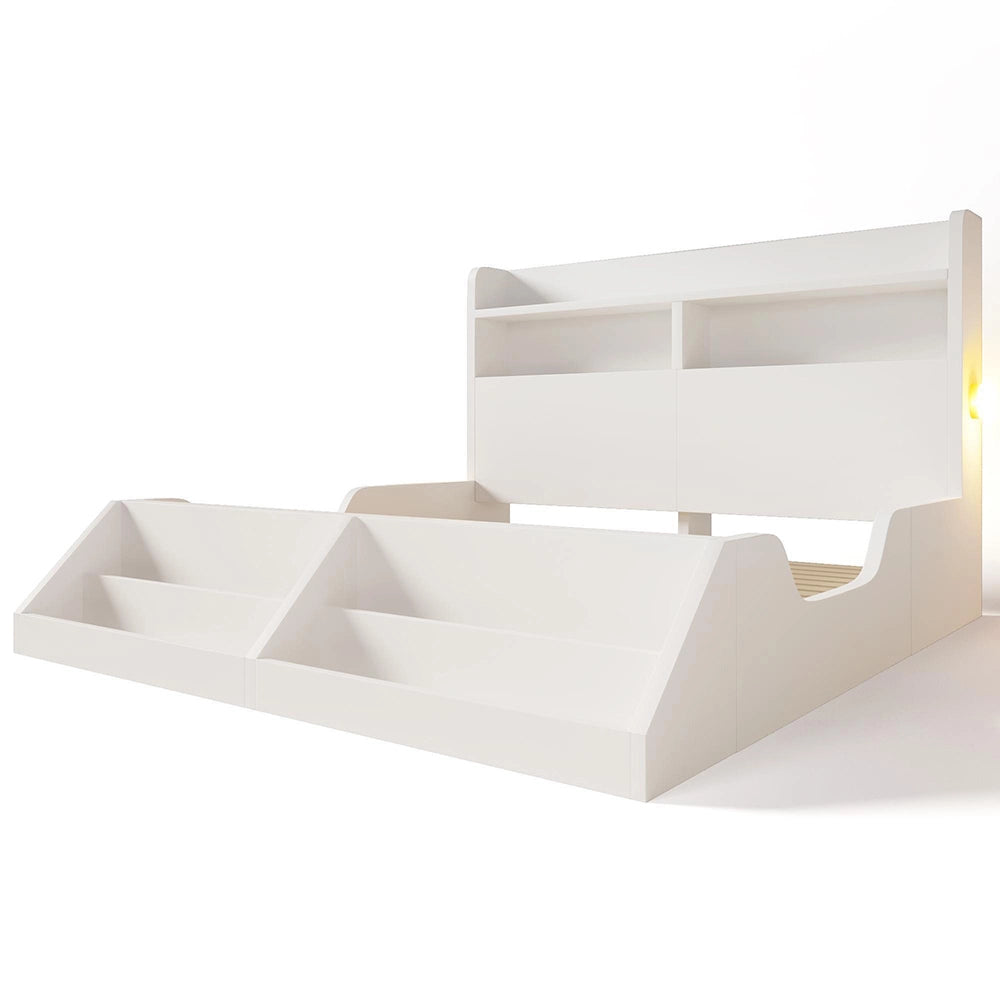 Letto legno-Xylo-140x200cm ripiani luci biblioteca bianco senza materasso