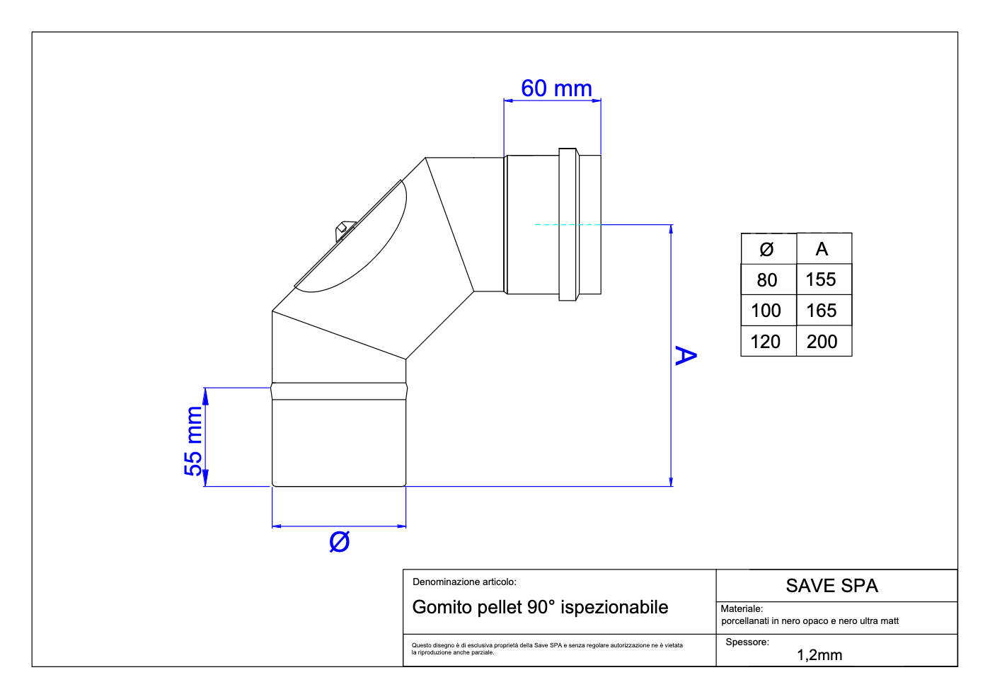 GOMITO A 90  ° CON ISPEZIONE PER STUFE A PELLET 'LIGHT'  EE ? 100 mm - SAVE