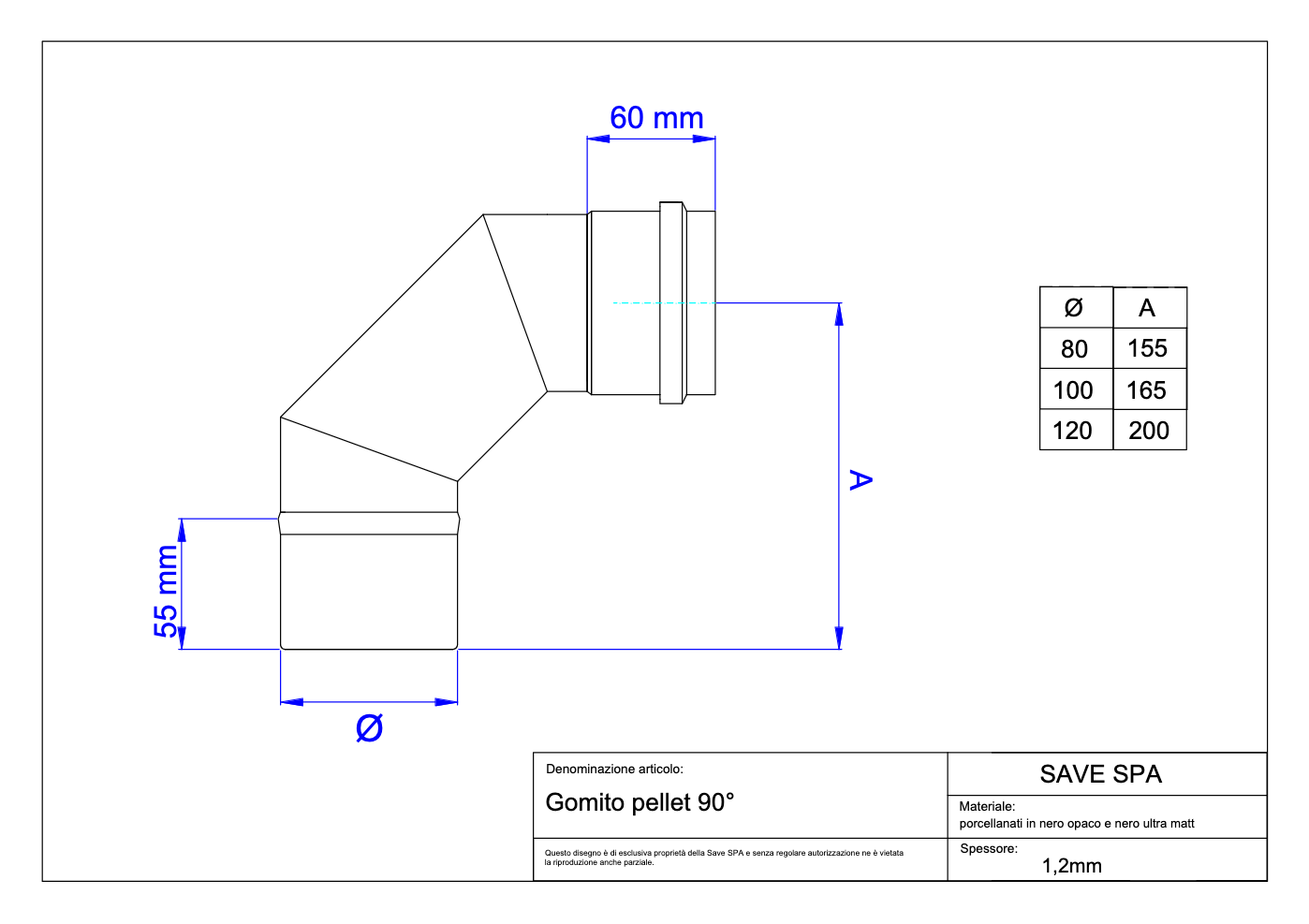 GOMITO A 90  ° PER STUFE A PELLET 'LIGHT'  EE ? 100 mm - SAVE