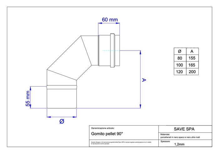 GOMITO A 90  ° PER STUFE A PELLET 'LIGHT'  EE ? 100 mm - SAVE