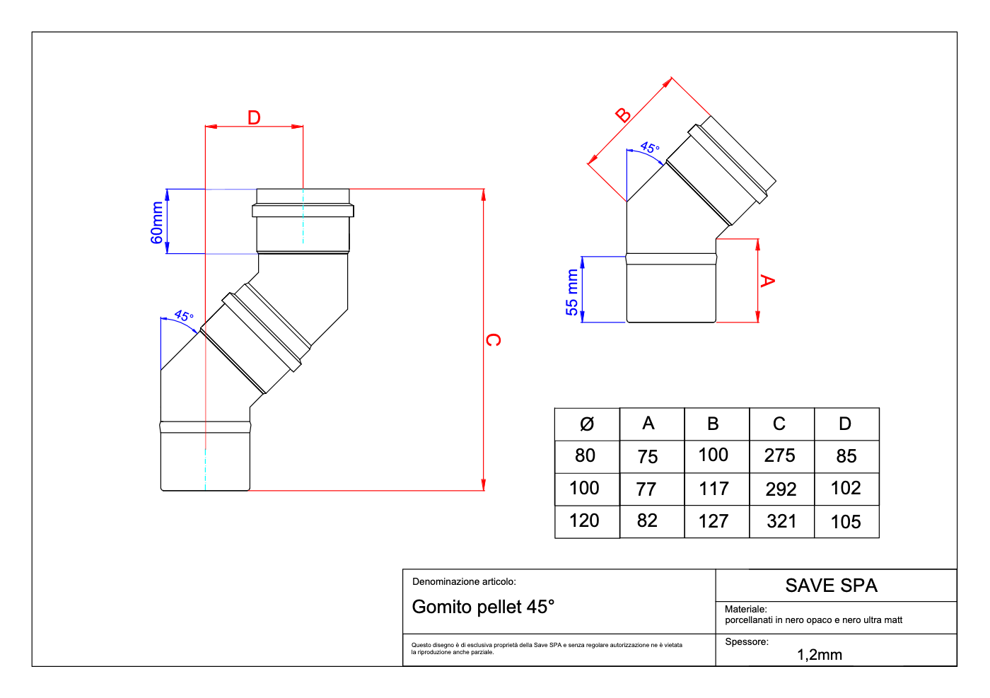 GOMITO A 45  ° PER STUFE A PELLET 'LIGHT'  EE ? 80 mm - SAVE