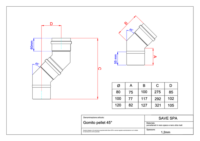 GOMITO A 45  ° PER STUFE A PELLET 'LIGHT'  EE ? 100 mm - SAVE