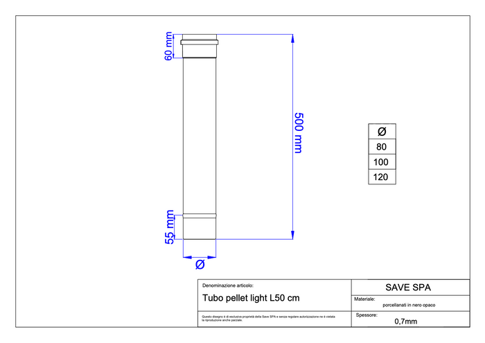 TUBO PER STUFE A PELLET 'LIGHT' Ø 100x500 mm - SAVE