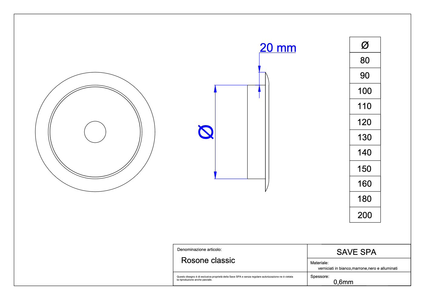 ROSONE SMALTATO 'CLASSIC' Ø 150 mm - Col. nero - SAVE