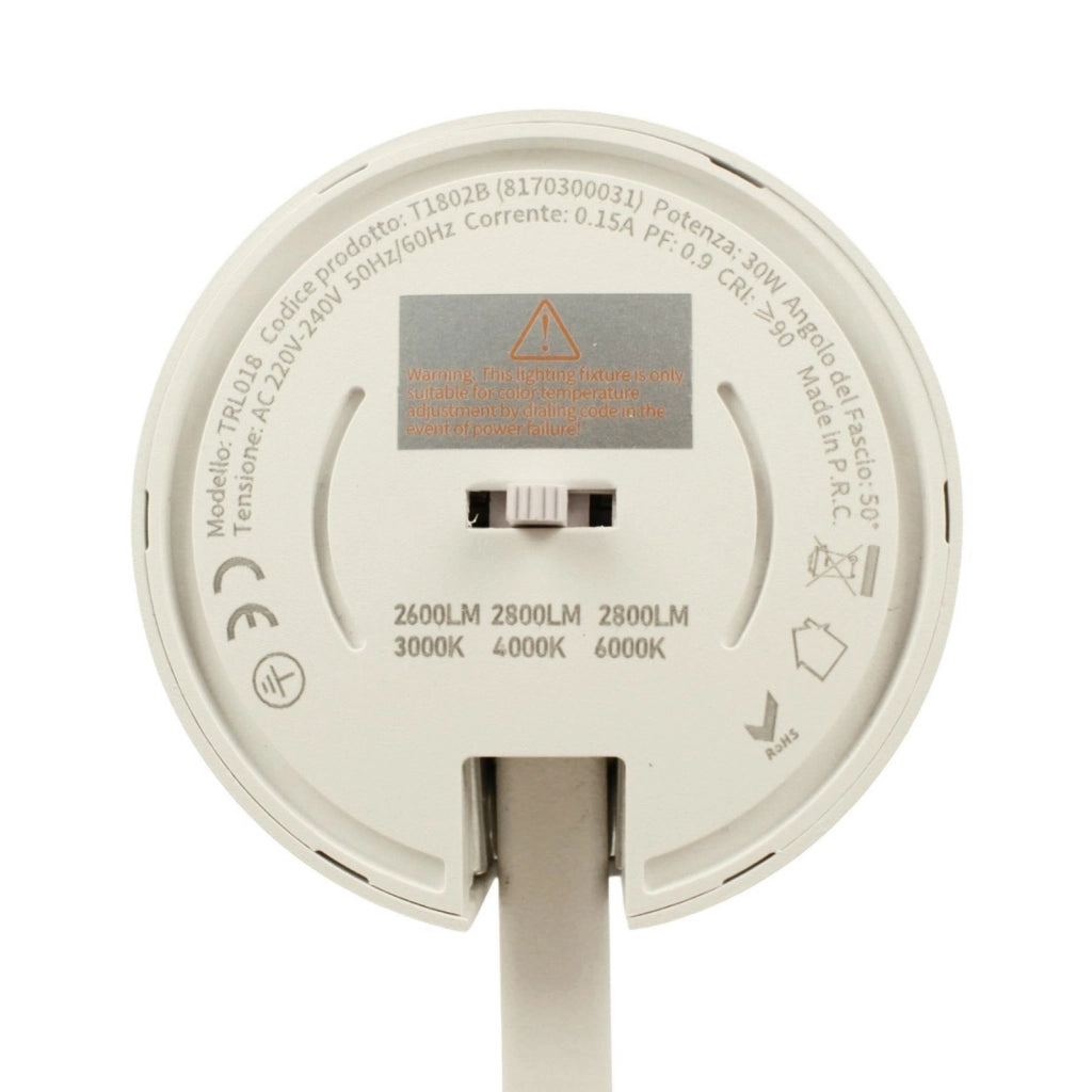 Faro Lampada Led A Binario 30W 2800lm Trifase CCT Angolo Luce 50° CRI>90 UGR<19 Carcassa Bianca 3000K 4000K 6000K 3 In 1 D80X157mm
