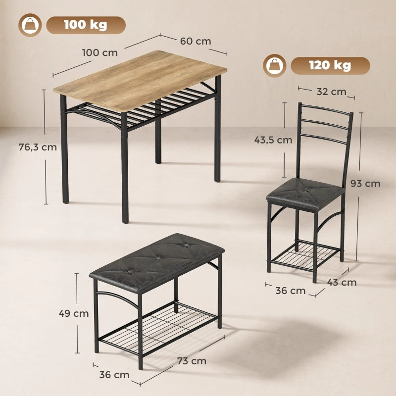 Set da pranzo industriale 4 posti con tavolo, 2 sedie e panca, stile rustico marrone