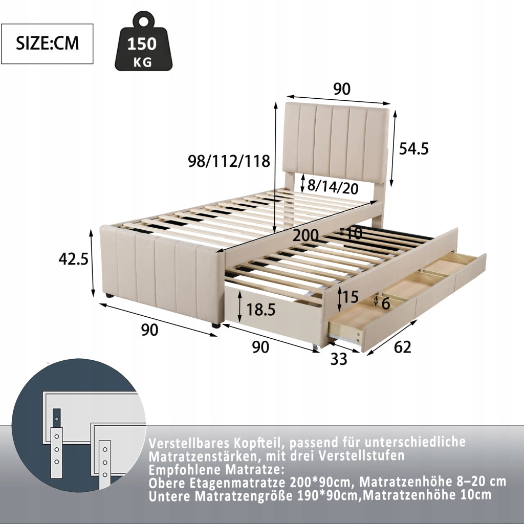 Letto imbottito 90x200 con contenitore - Xylo - Beige