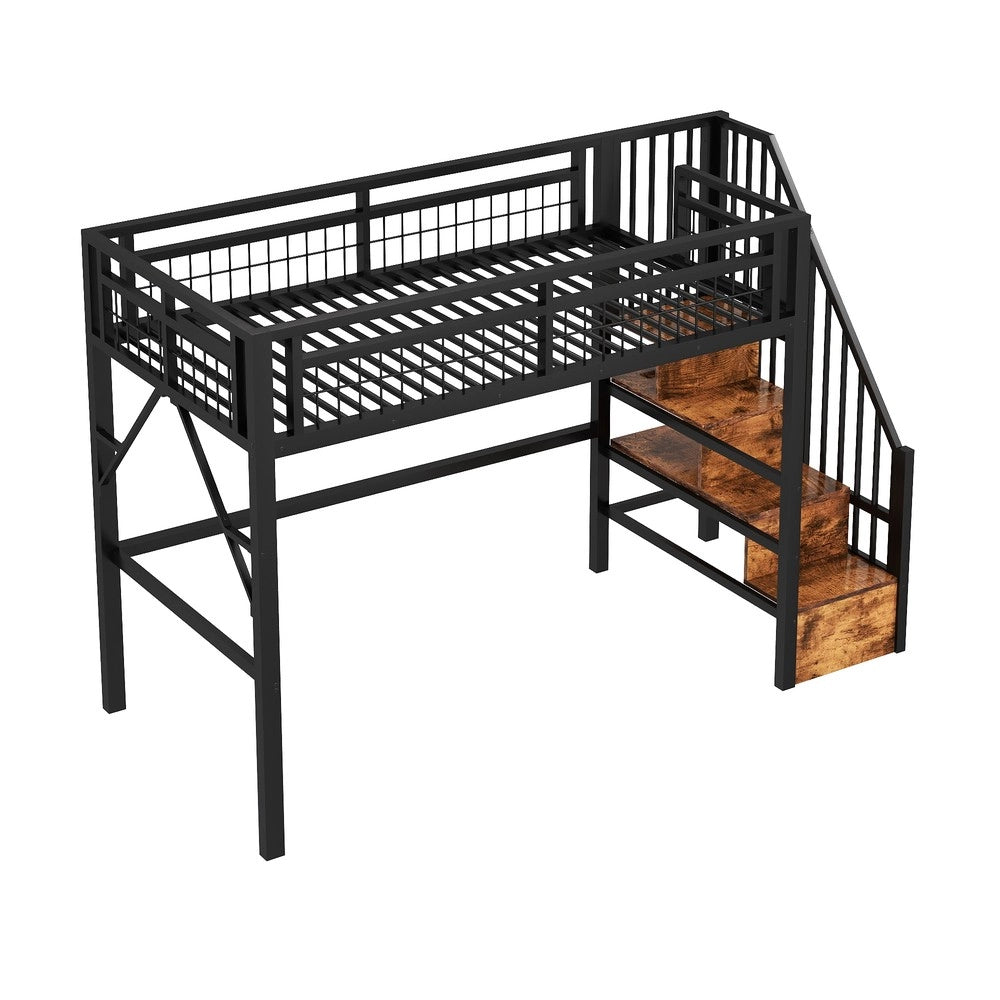 Letto a Soppalco con LED e Scaletta con Vano ¨C Xylo ¨C Nero 90x200 Metallo