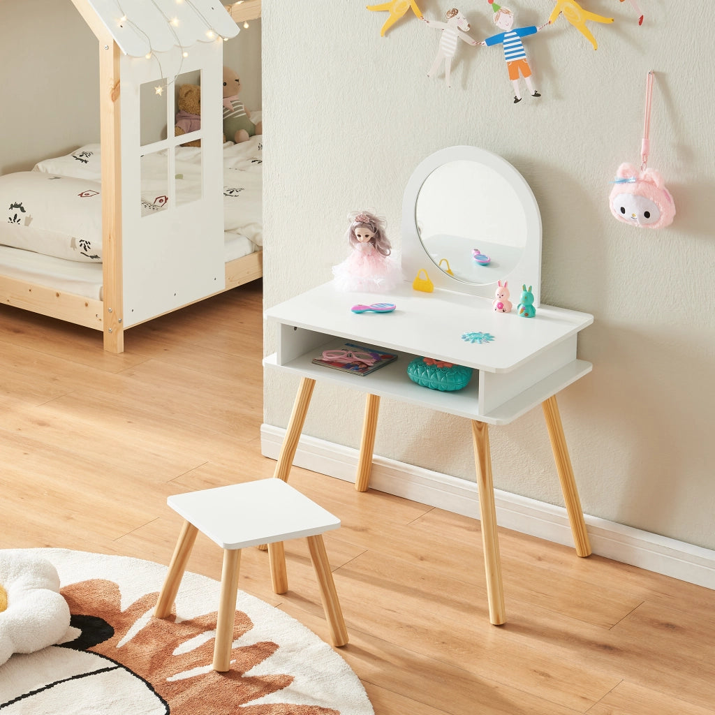 Set Ovanåker di Tavolo da Trucco e Sgabello per Cameretta - Bianco/Naturale [en.casa]