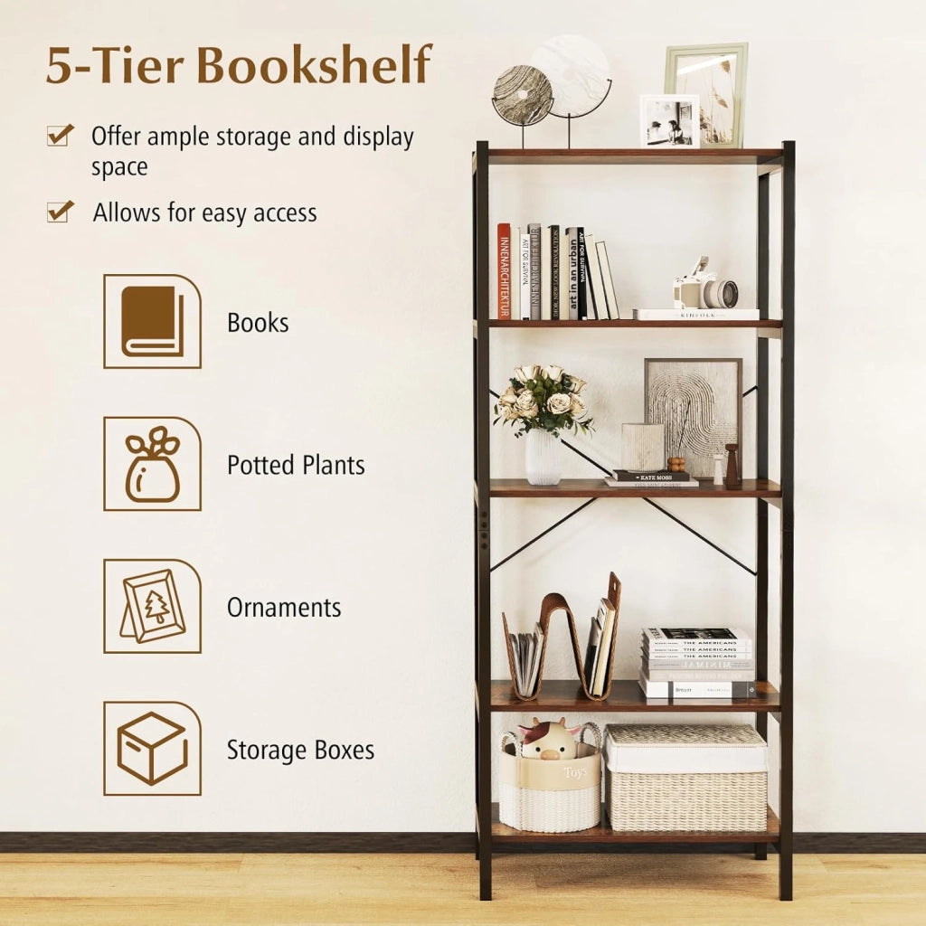 Scaffale multifunzionale a 5 livelli, 66 x 34 x 161 cm, libreria in legno e metallo con kit antiribaltamento, stile industriale, libreria per soggiorno, studio