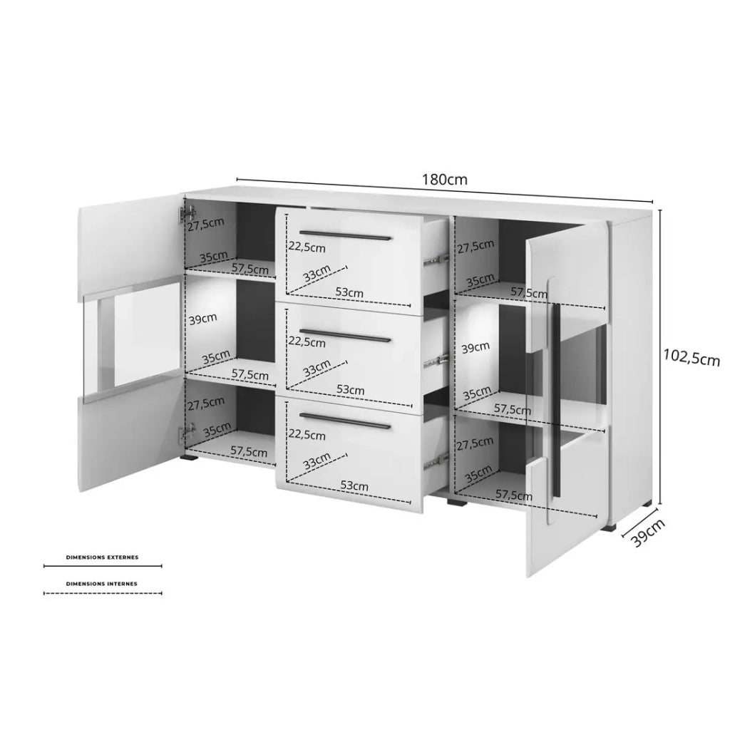 Buffet 180cm collezione BREDA con due porte parzialmente vetrate e tre cassetti. Colore bianco.