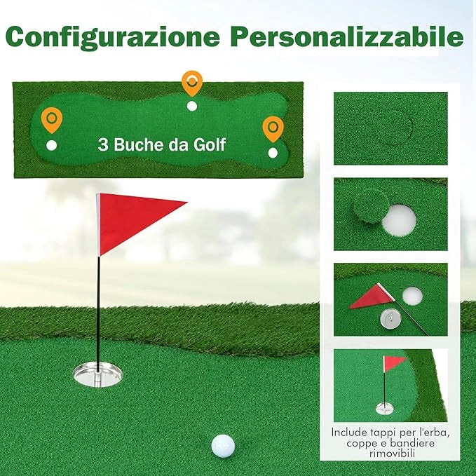 Tappetino da Golf Professionale, Campo da Golf con Erba Artificiale Realistica, 3 Buche, 3 Bandierine e Tazze per l'Allenamento Interno ed Esterno, 300 x 100 CM