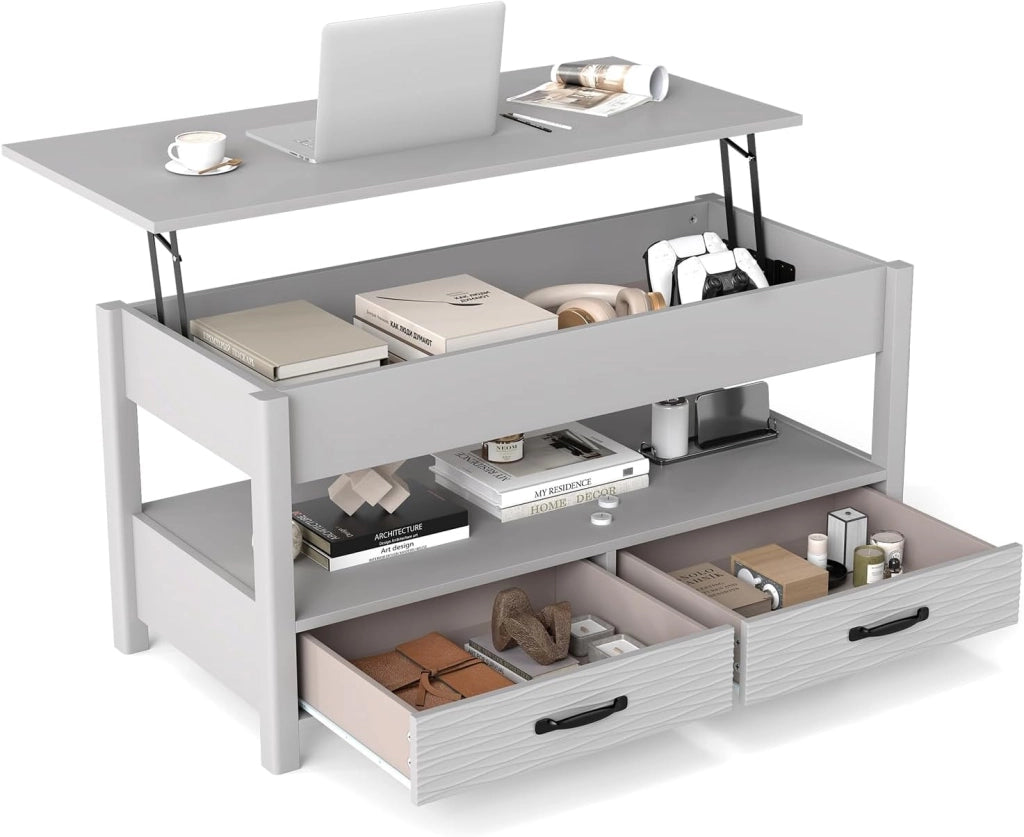 Tavolino da Caffè con Piano Sollevabile, Tavolo Basso con 2 Cassetti, Scomparto Nascosto e Mensola Aperta, Tavolino Rettangolare da Salotto, Studio e Ufficio, 100 x 46 x 50 cm, Grigio