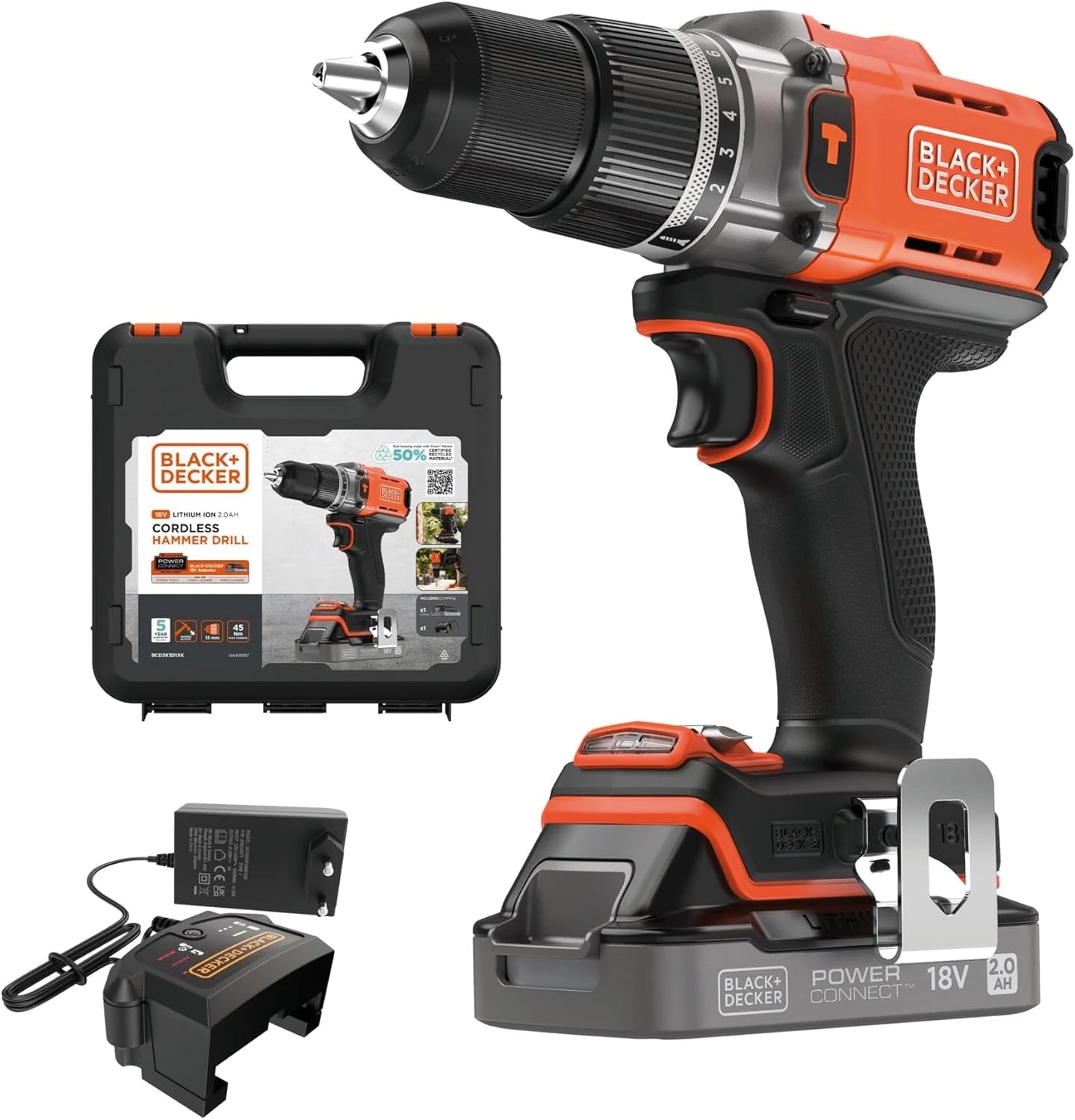 Black+Decker TRAPANO AVVITATORE A PERCUSSIONE BCD383D1XK-QW 18V 1 batteria 2,0 Ah