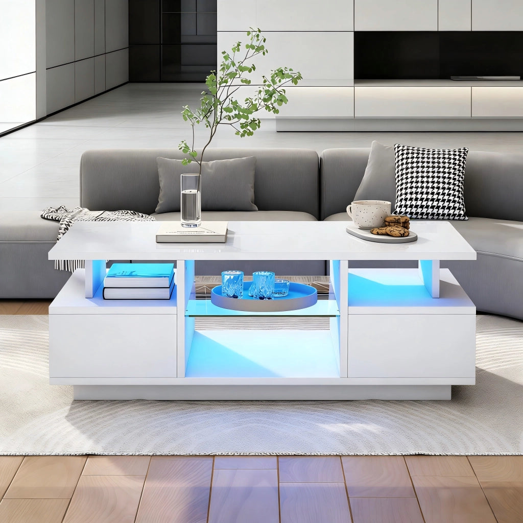 Tavolino basso con 2 cassetti e ripiani in vetro con LED bianco lucido 100 × 50 × 36 cm