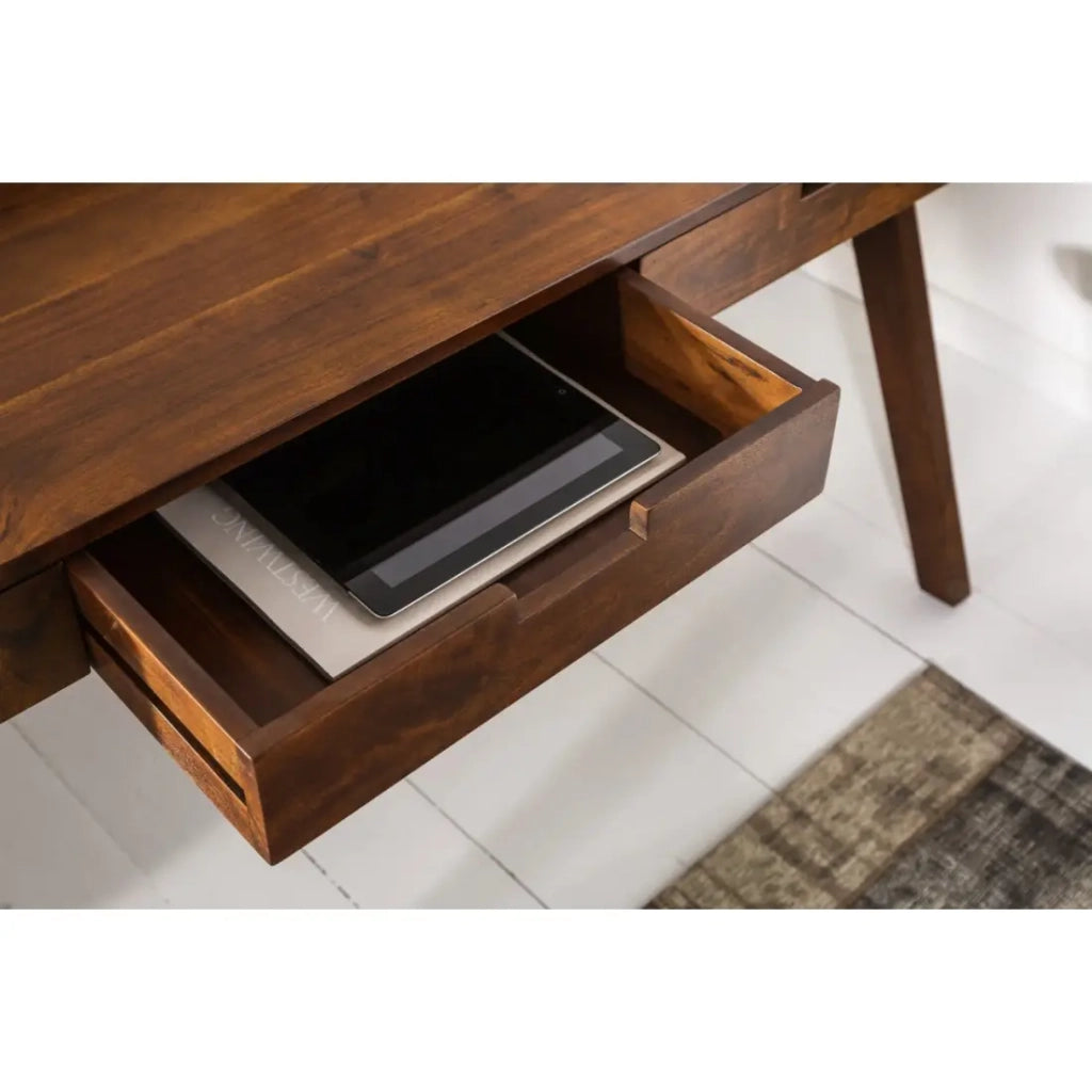 Scrivania retta SKAGEN 120 cm in legno massiccio di acacia verniciato con 2 cassetti e scaffale – Stile Davenport