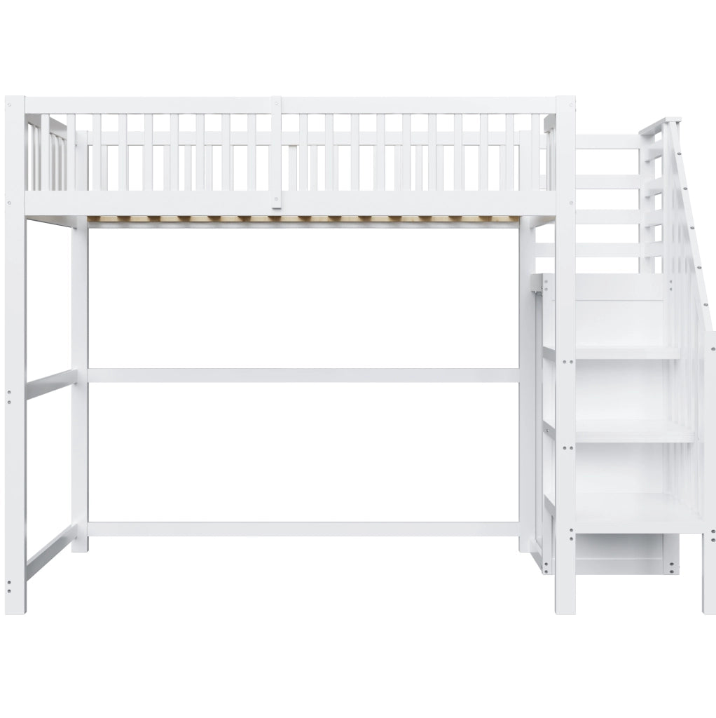 Letto a soppalco 90x200 cm con scala e armadio in legno bianco