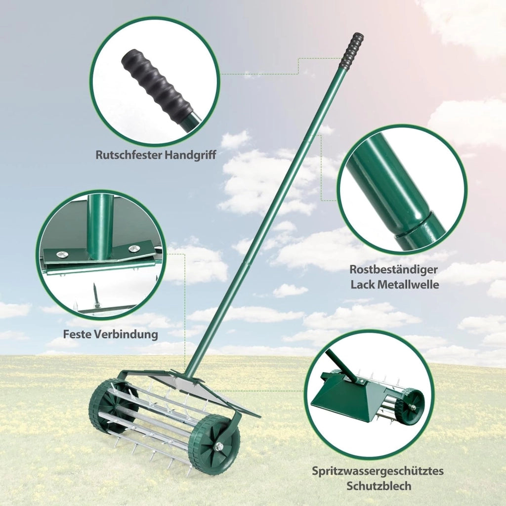 Arieggiatore per Prato a Rullo Manuale, Aeratore con Ruote da Giardino con Chiodi da 3 cm, Scarificatore a Mano in Metallo, Ideale per Prato, Orto e Terreno (46 x 127 cm, con Parafango)