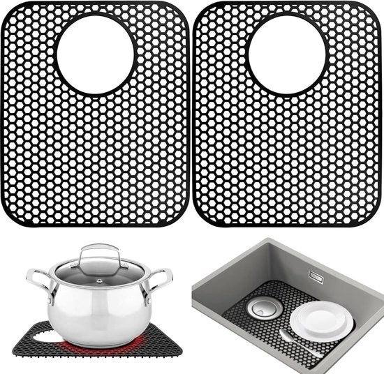 Mat di acciaio per lavandino - Mat di gomma per lavandino - Mat di acciaio per lavandino - Mat per lavandino - Forma rettangolare - Silicone - 35 x 30 cm - Per lavandino 40 x 50 cm - Nero