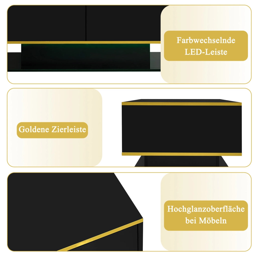 Tavolino da caffè LED nero con 3 cassetti e dettagli dorati