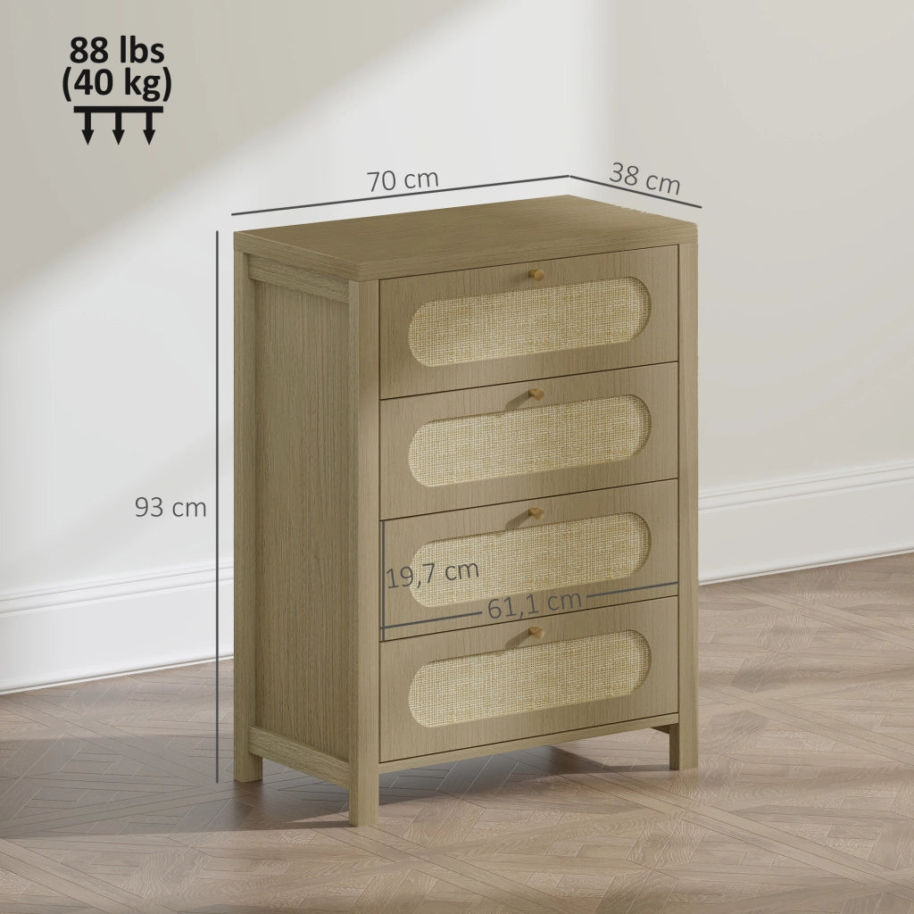 Cassettiera 4 cassetti stile bohemien con ante in resina intrecciata ¨C Zephmum ¨C 70x38x93 cm effetto legno naturale