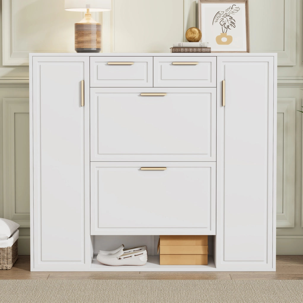 Scarpiera moderna bianca 120 x 24 x 107 cm con ripiani regolabili e 2 cassetti