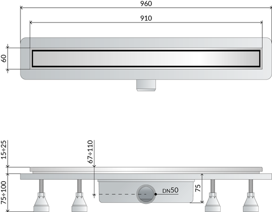 Canalina doccia sifonata in ABS con griglia piastrellabile in acciaio inox regolabile modello Nanoflow TEA
