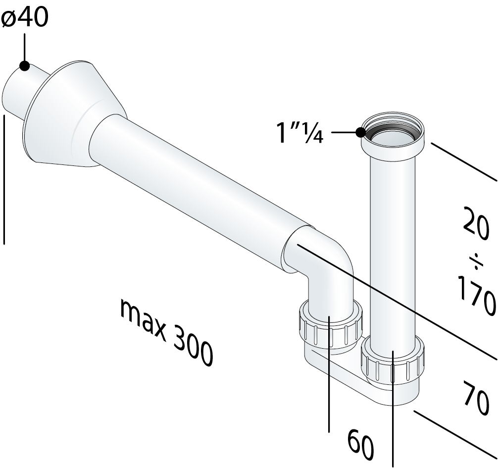 Sifone ribassato in polipropilene bianco per lavabo o bidet sospesi modello Mosquito TEA