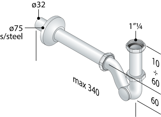 Sifone a S in ottone cromato con ispezione laterale senza piletta per bidet TEA