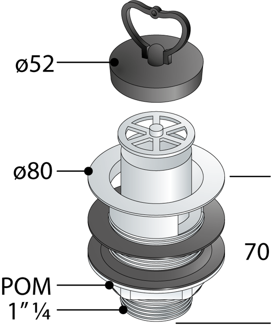 Piletta sifonata in ottone cromato con tappo in gomma e troppo pieno per lavatoio TEA