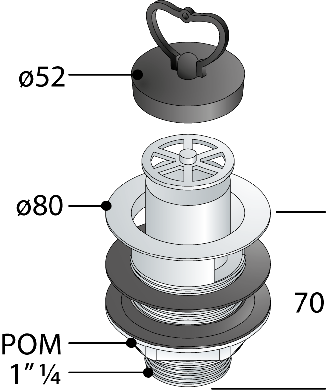 Piletta sifonata in ottone cromato con tappo in gomma e troppo pieno per lavatoio TEA
