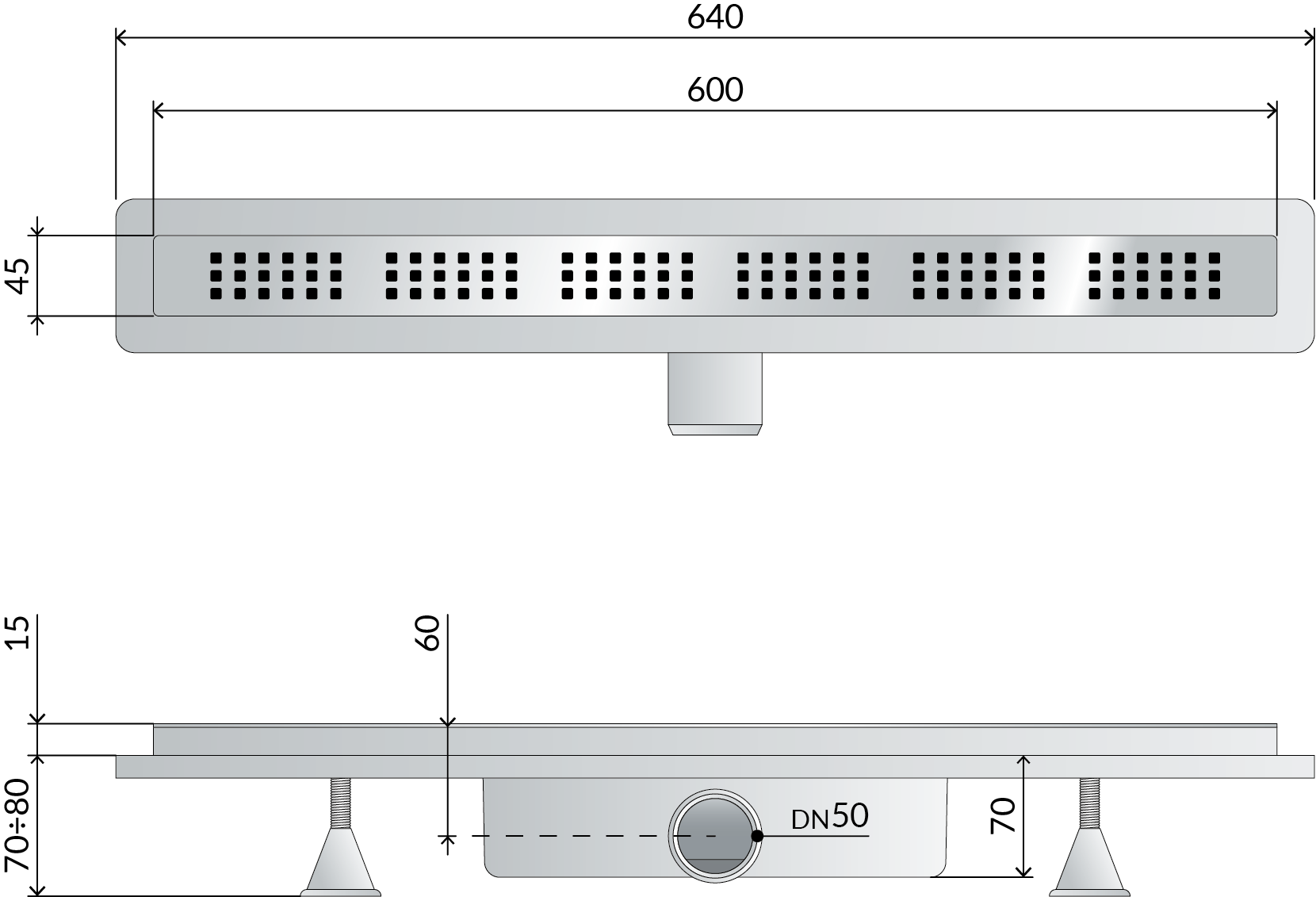 Canalina doccia sifonata in ABS con griglia in acciaio inox regolabile modello Basicflow TEA