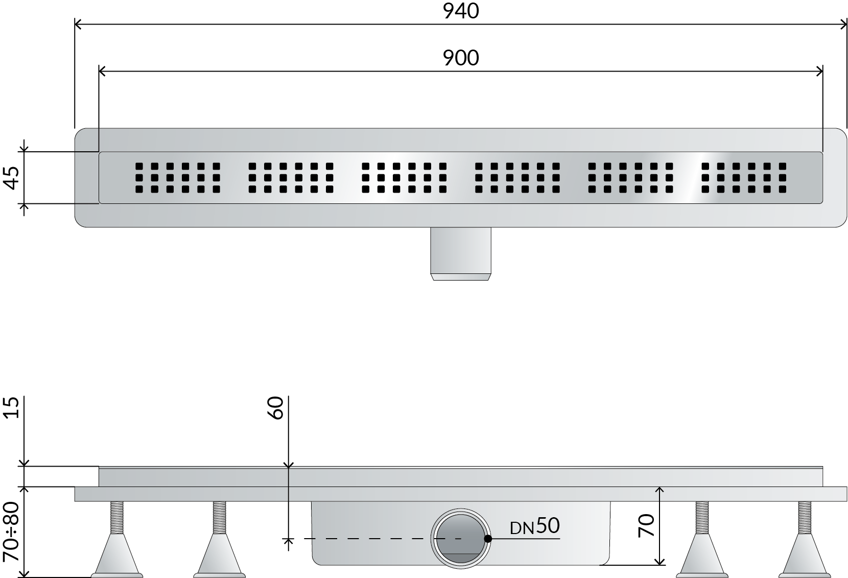 Canalina doccia sifonata in ABS con griglia in acciaio inox regolabile modello Basicflow 900 mm TEA