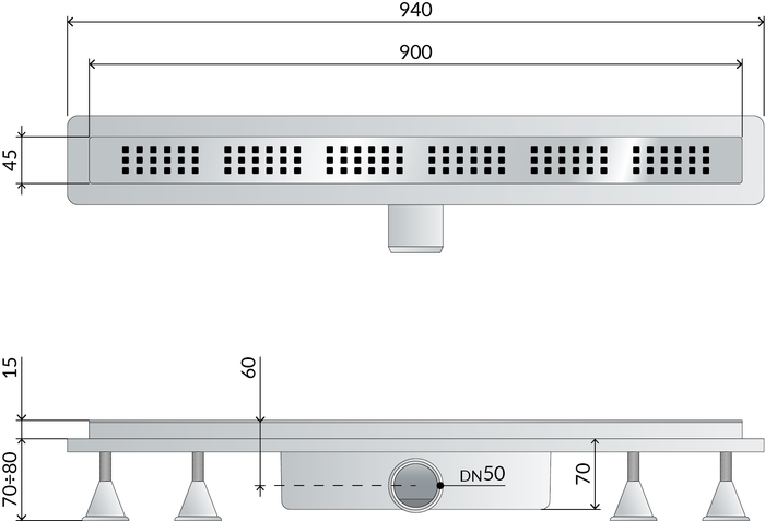 Canalina doccia sifonata in ABS con griglia in acciaio inox regolabile modello Basicflow 900 mm TEA