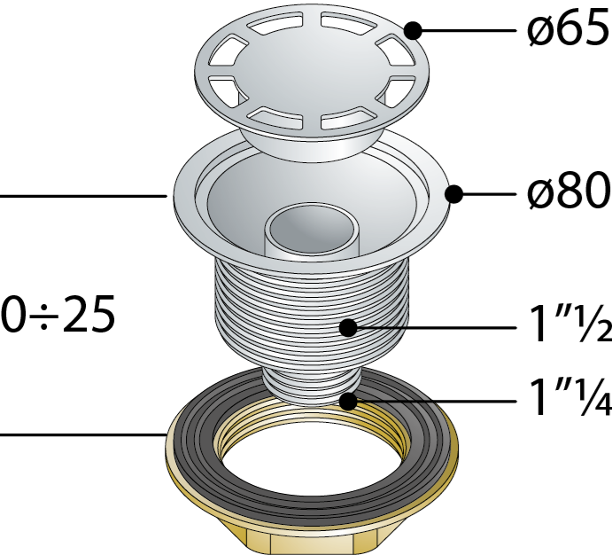 Piletta sifonata in ottone cromato con griglia per piatto doccia Ø80 modello 1”¼ TEA