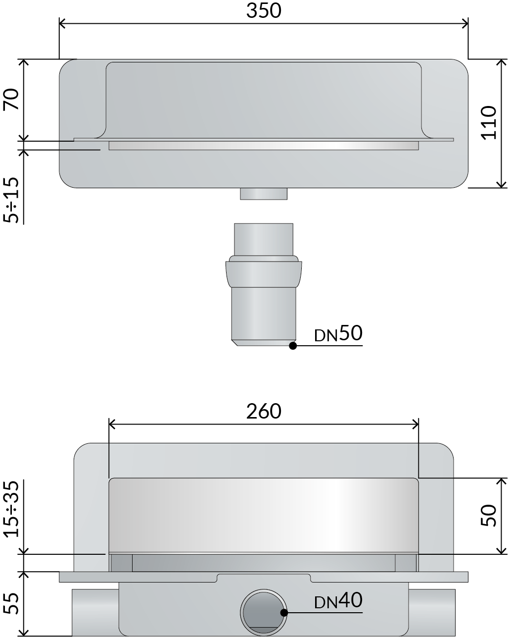 Set per doccia con scarico a parete piastrellabile in ABS con coperchio inox regolabile modello Intramura TEA