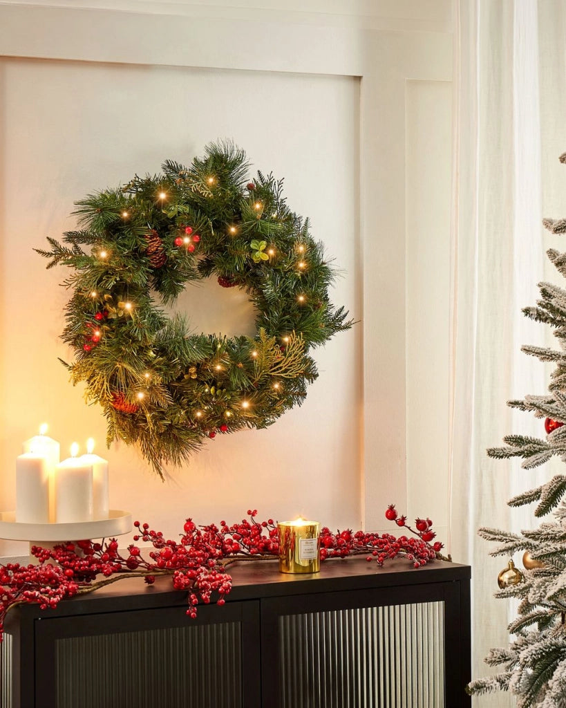 Ghirlanda di Natale in materiale sintetico verde con bacche di pigna con Luci LED 60 cm accessorio decorazione natalizia
